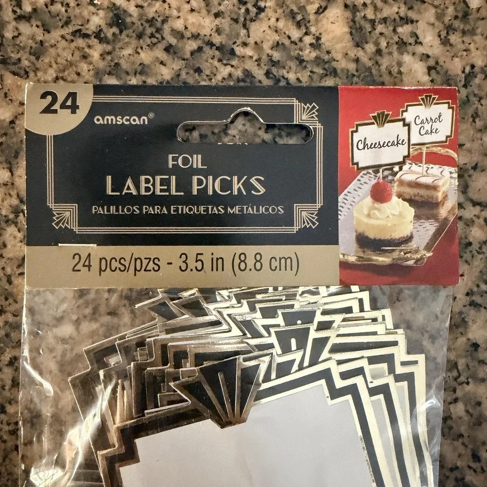 Amscan Foil Label Picks Set Of 3 Packs 72 Gold Art Deco Food Flags 3.5 In Party